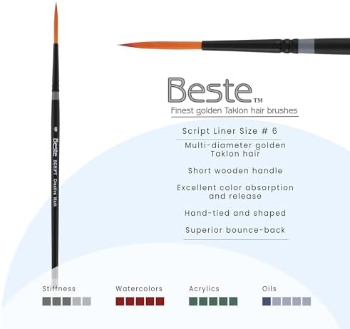 Creative Mark Beste Golden Taklon Script Liner, #6 Artist Paint Brush, Professional Watercolor Brushes, for Acrylic Painting, Short Handle, Sharp Edges, Hand-Tied & Shaped