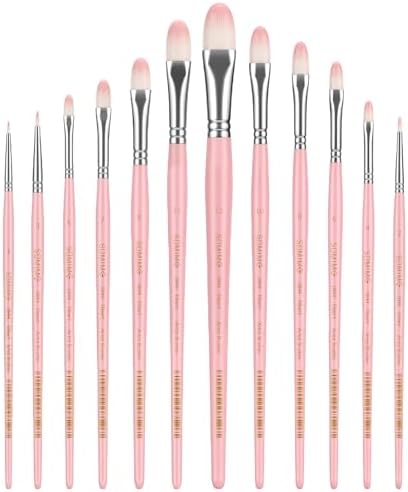 12 Pcs Filbert Professional Artist Watercolor Paint Brush Set, Pink