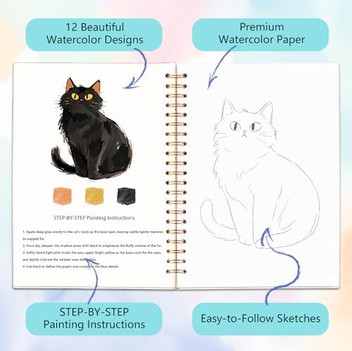 Easy Watercolor Workbook for Beginners - 12 Beautiful Step-by-Step Paintings Water Coloring Book, Includes 18 Colors Paints, Relaxing Art Projects and Creative Gift for Adults & Teen (Cats)