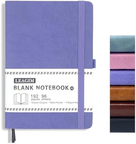 Blank Journal Notebook, A5, 192 Pages 100 GSM Thick Sketch Book for Women Men, Hardcover Leather Unlined Journaling for Work, Notebooks for Writing, 5.8 inches x 8.5 inches (Purple)