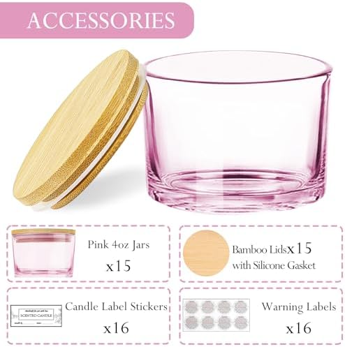 CONNOO 15 Pack 4oz Pink Glass Candle Jars with Airtight Bamboo Lids