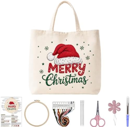 ARTopet Embroidery Tote Bag Kit for Beginners Christmas Canvas Cross Stitch Handbag with Hoops Needles Threads Reusable Grocery Bag for Women-Christmas Hat