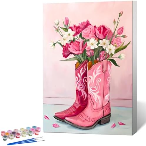 Framed Paint by Numbers Kit for Adults, Western Cowboy Boot Decor 8x12 Inch
