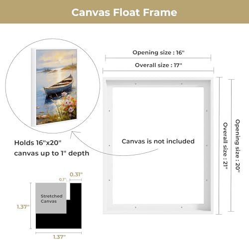 Venusmiles Canvas Frame 16x20 Frame for Canvas Painting Floating for 1" Deep, Floater for Canvas Artist Panel Oil Painting Wall Art Décor, Vertical or Horizontal Picture Wall Decor, White