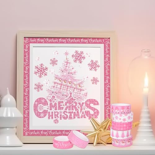 Whaline 12 Rolls Pink Christmas Washi Tape Winter Snowflake Santa Xmas Tree Washi Tape Christmas Holiday Pink Decorative Masking Tape Assortment for Scrapbook Journal DIY Crafts Gift Wrapping
