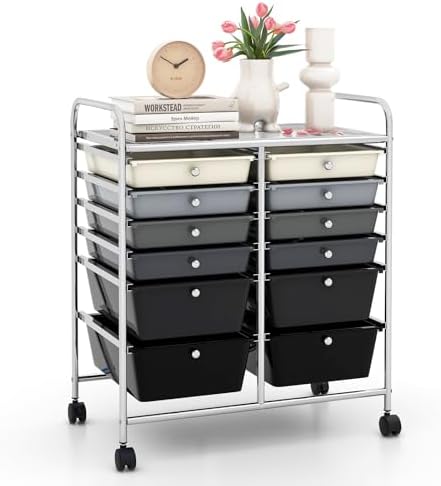 LDAILY 12 Drawer Rolling Storage Cart, Craft Cart Organizer on Wheels w/Metal Frame, Large Capacity & Smooth Drawer, Rolling Cart w/Drawers for Classroom, Office