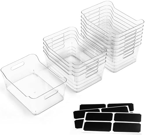 12 PACK Multi-Use Clear Plastic Storage Bins for Organizing w/ Labels - Home, Kitchen, Pantry, Bathroom, Office, Cabinet Shelf Organizer Bins - SOHO Collection, RV, Fridge Organization Containers -XXL