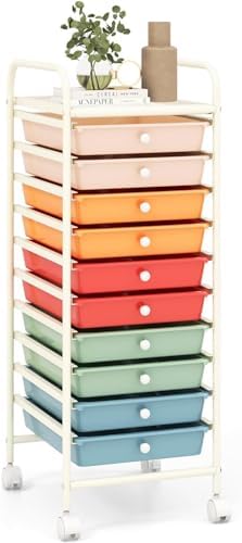 Storage Cart, Rolling Utility Cart with 10 Drawers, Portable Handles & Lockable Wheels, Mobile Paper Toys Storage Organizer Large Capacity for Home Office School Teacher (Macaron)