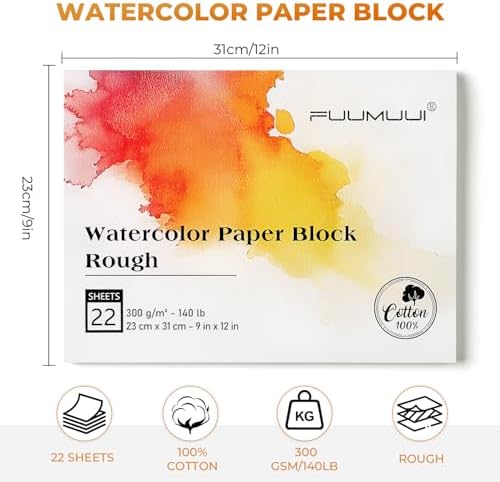 Fuumuui 9×12 Watercolor Paper Block, Textured Rough 100% Cotton Watercolor Paper, 140lb/300gsm, 22 Sheets, Acid-Free, Art Paper for Painting & Drawing, Wet, Mixed Media, Rough Grain