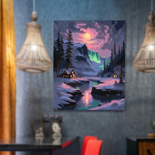 Lovepefe Snow Mountain Paint By Numbers Kit for Adults Beginner Waterfall Adult Paint By Number Kits On Canvas River Cabin Oil Painting Kit for Adults Kits for Gift Home Wall Decor 16x20 Inch