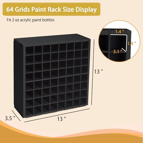 Krafetto 64-Grid Paint Organizer for 2 Oz Bottles, Wall Mount, Black