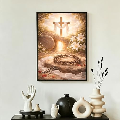 ckdiluy Cross Easter Diamond Art Kits for Adults Beginners, 5D DIY Religious Diamond Painting Kits, Full Round Drill Diamonds Dots Gem Art Crystal, Home Wall Decor 12X16 Inch