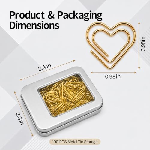 Cute Gold Heart Paper Clips 100 Pcs, Planner Bookmark Clips