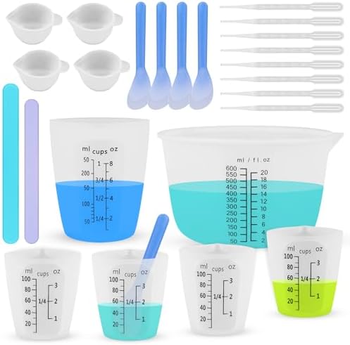 Silicone Resin Mixing Measuring Cups for Resin Supplies, Easy-to-Read Marks, 600ml/20oz Bowl, 250&100ml Thickened Reusable Silicone Cups for Epoxy Mixing, with Stir Sticks, Jewelry Making