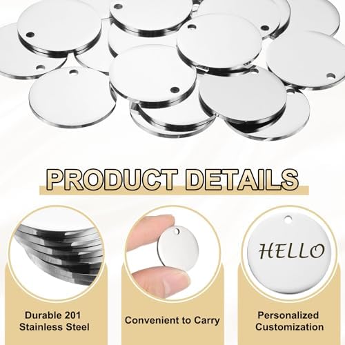 HARFINGTON 10 Pcs Round Blank Stamping Tags 25mm Stainless Steel Circle Polished Blanks Tag Pendants with Hole for Bracelet Crafts Labeling Making, Silver