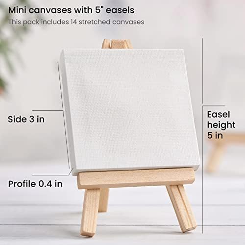 ARTEZA Small Canvases for Painting with Easels, Pack of 14, 3 x 3 Inches, Blank White Canvas for Painting, Art Supplies for Acrylic, Oil and Gouache