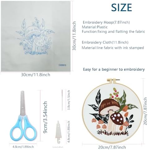 Zhenqing Mushroom Embroidery Kit for Beginners, Woodland Botanical Needlework Kit with Pre-Printed Fabric, Hoop, Threads & Tools, Cottagecore Wall Decor (S-CX0910)