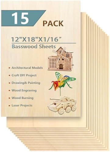 15 Pack 12"x18"x1/16 Basswood Sheets for Crafts- Thin Plywood Sheets - Balsa Wood Sheets -Unfinished Wood Boards for Painting,Laser Cutting,Engraving,Burning and CNC Cutting