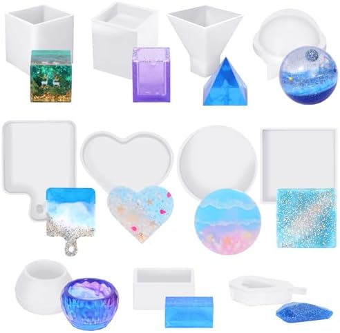 KISREL Resin Molds Kit 12PCS, Epoxy Resin Silicone Molds, Resin Mold Including Cube, Pen Container, Pyramid, Tray, Love, Round, Square, Ball, Flowerpot, Cuboid, Crystal