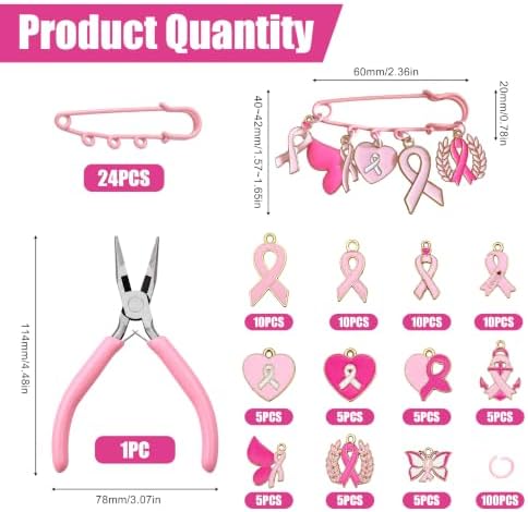 Breast Cancer Awareness Accessories DIY Pins Ribbon Brooches Craft Kit, 24 pink Safety Pins, 75 Enamel Charms, 100 Jump Rings, Pliers Tool, Pink Breast Cancer Survivor Gift for Women Girls Charity Month Party