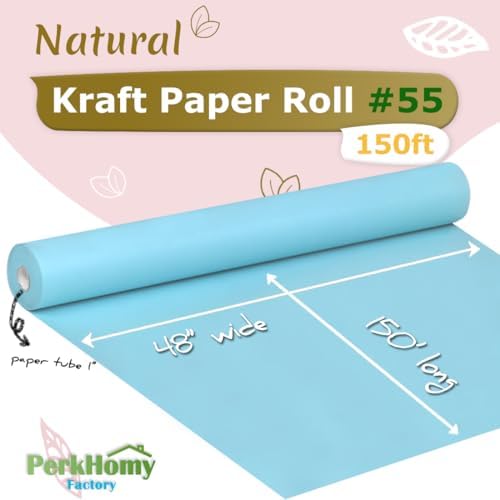 PerkHomy Light Blue Kraft Paper Roll 48" x 1,800" (150') for Gift Wrapping Bouquet Flower Art Painting Craft Writing Packaging Shipping 80GSM 55LB (Light Blue, 48" x 150')