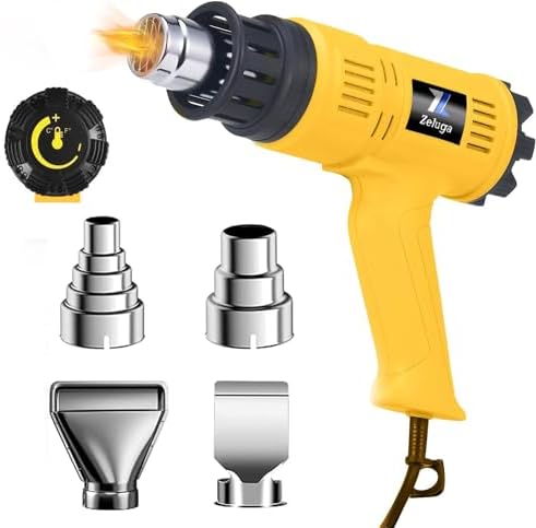 Zeluga 29-434 Heavy Duty Fast Heating Hot Air Gun Kit with Variable Temperature Control and Overload Protection with 4 Nozzles for Crafts, 1800W 140℉~1112℉（60℃- 600℃）
