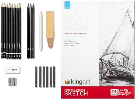 KINGART 22-Piece Professional Sketching Kit with 9x12 Drawing Pad – Includes 12 Graphite Pencils, 6 Soft Pastels, Blending Stump, Kneaded Eraser, and Sharpener – Versatile Artist Set for Shading
