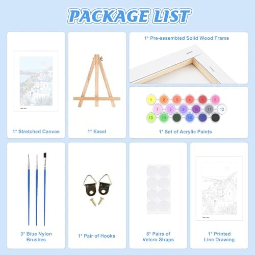 KEYIFA Paint by Numbers for Adults on Framed Canvas - with Wooden Easel, Santorini Painting by Number Kit for Beginners, DIY Greece Acrylic Paint-by-Number Kits for Home Wall Decor (8x12 inch)