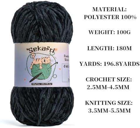 3 Pack of 300g (590yds) Fuzzy Chenille Yarn for Crocheting,Fluffy Amigurumi Crochet Yarn for DIY Craft/Hat/Clothes, Soft Velvet Baby Blanket Yarns（3 Black）
