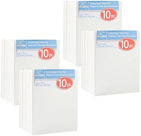 Artist's Loft 10 Count (40 Total) 8” x 10” Super Value Canvas Necessities - Acid Free Cotton Canvas for Paint, Acrylic, & Oils - Bulk 4 Pack