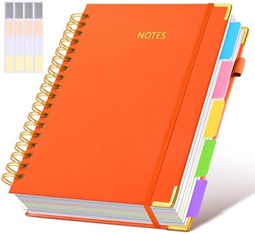Hardcover Spiral Notebook Journal with Removable Dividers Tabs, 300 Pages Leather 5 Subject Notebook College Ruled, 8"x10" Large Notebooks for Work School Note taking, Lined Journal for Women, Orange