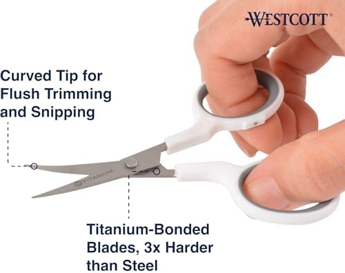 Westcott 4" Embroidery Scissors with Curved Titanium-Bonded Blades for Flush Trimming, Crafting, Sewing & More (White/Gray)