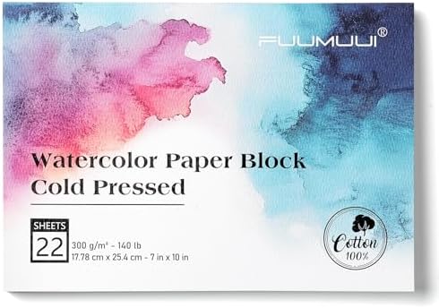 Watercolor Paper Block 7x10 Inch, Fuumuui 100% Cotton Watercolor Paper Pad of 22 Sheets, 140lb/300gsm, Acid-Free Cold Pressed Art Paper for Painting, Drawing, Art Journaling, Wet, Mixed Media