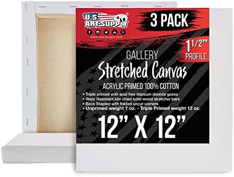 U.S. Art Supply 12"x12" Stretched Canvas for Painting, Gallery Depth 3-Pack | Square, 1-1/2" Thick - 12oz Acrylic Gesso Triple Primed, Professional Artist Quality, 100% Cotton - Oil, Pouring Paint