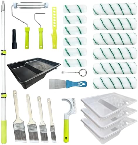 Paint Roller Kit with Extension Pole, 28 PCS Set, 2-4 Ft Pole, 4"9" Paint Rollers,Paint Roller Cleaner,Paint Brushes Set for Professional Painting,House Paint Roller for Latex and Oil Paints & Stains