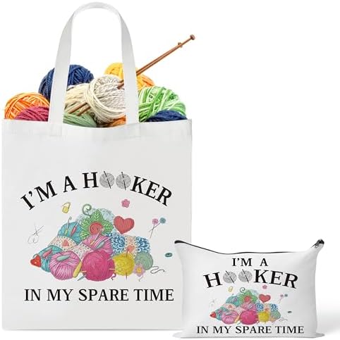 Y1tvei Crochet Canvas Tote Bag - 2Pcs Cosmetic Pouch Tote Bag Reusable Grocery Folding Shopping Bag for Crocheters Women