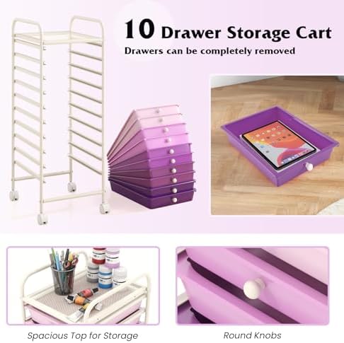 Storage Cart, Rolling Utility Cart with 10 Drawers, Portable Handles & Lockable Wheels, Mobile Paper Toys Storage Organizer Large Capacity for Home Office School Teacher (Purple Gradient)