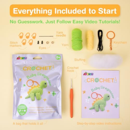 Avenir Crochet Kit for Beginners, Dinosaur Animal Keychain Craft Set