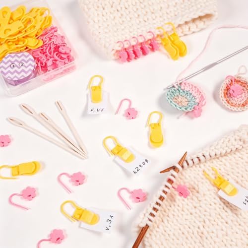 Knitting Loop Clip and Row Counter Set with Locking and Bulb Markers, Large-Eye Yarn Finishing Tools, Storage Case