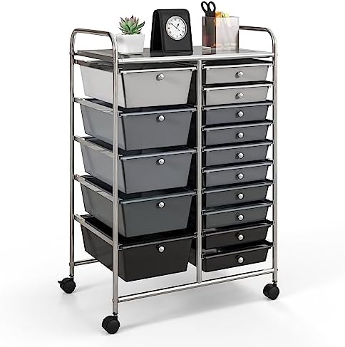 GOFLAME 15-Drawer Rolling Storage Cart, Craft Storage Cart with Removable Drawers & Lockable Wheels, Art Cart Supply Storage Organizer for Home Office Classroom, Gray Gradient