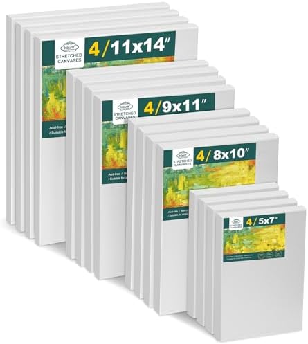 Inburit 16 PCS Multi Size Stretched Blank Canvas for Acrylic & Oil Painting | 16 Pack Blank Primed Cotton Canvas for Acrylic & Oil Paint, 5x7, 8x10, 9x12, 11x14 inches