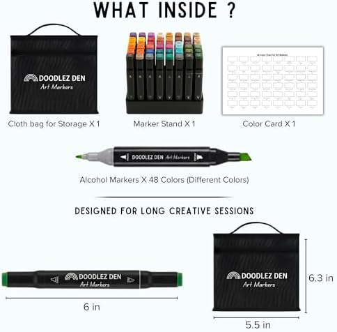 Alcohol Markers Set 48 Colors, Dual Tip Art Markers, Alcohol Based Markers for Adult Coloring Books, Artist Supplies, Chisel & Fine Tip with Black holder, Color Checking Card