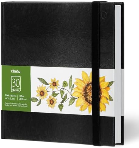 Ohuhu 6.3"x6.3" Marker Paper Pad Art Sketchbook for Drawing and Sketching | Mini Sketch Book - 120 LB/200 GSM Smooth Drawing Paper - 30 Sheets/60 Pages - PU Hardcover Sketch Pad for Alcohol Markers