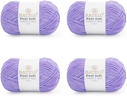 Thin Chenille Yarn for Crocheting & Knitting, Soft Plush Yarn for DIY Crafts, Amigurumi, Home Decor - 3 Light - 4 Pack of 1.7oz/142yds - Purple