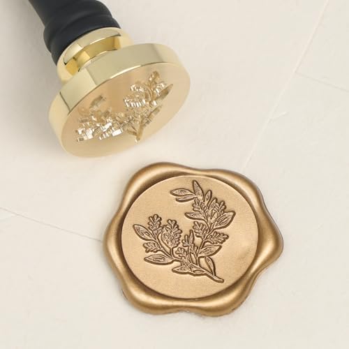 UNIQOOO Eucalyptus Wax Seal Stamp with Wooden Handle, Floral Botanical Theme Vintage Brass Stamp for Wedding Invitation, DIY, Gift Wrap, Envelopes, Christmas Card