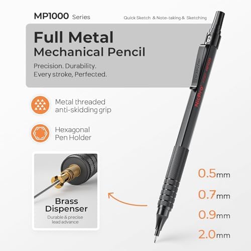 Nicpro 45PCS Black & Silver Metal Mechanical Pencil Set in Leather Case, Art Drafting Pencil 0.5, 0.7, 0.9 mm, 2mm Lead Holders for Sketching Drawing With 27 Tube (6B 4B 2B HB 2H 4H Colors)Lead Refill | Art Drafting Pencil 0.5-0.9 mm, 2mm Lead Pencil H...