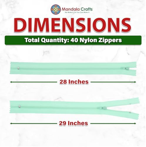 Mandala Crafts 40 PCs Mint Closed-End 28 Inches Nylon Zippers for Sewing