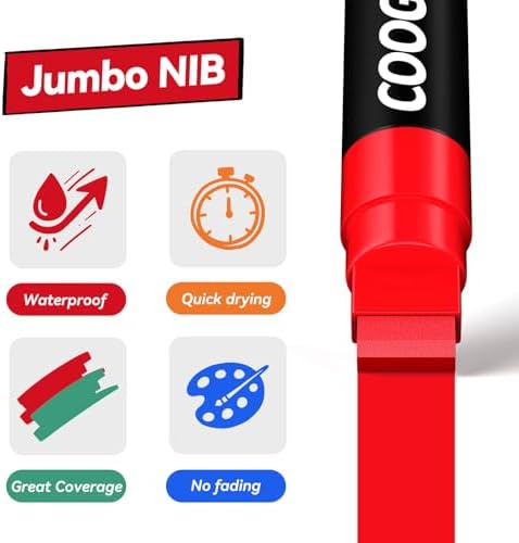 Coogert 12 Pastel Colors Jumbo Poster Markers, 15MM Thick Permanent Acrylic Graffiti Markers, Wide Tip Paint Marker for Canvas, Posters Board, Fabric, Window, Wood,Teachers,Banner painting supplies