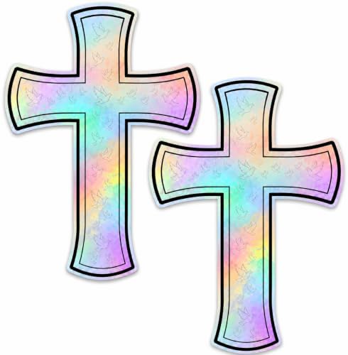 Christian Holographic or Reflective Cross Car Decal, Jesus Cross Vinyl Sticker with Subtle Dove or Heart Pattern, Weather Resistant (Prism Dove - 2 Pack)