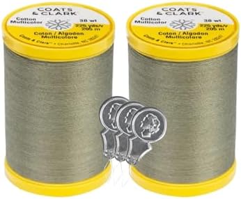 Coats & Clark Cotton All Purpose Sewing Thread 100% Mercerized Cotton 225 Yards Each Spool S970 2 Pack Bundle with 3 Bella's Crafts Needle Threaders (Green Linen)
